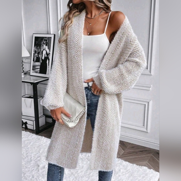 New Chic Fluffy Chevron Knit Cardigan Sweater Duster Off White Tan - Picture 2 of 8